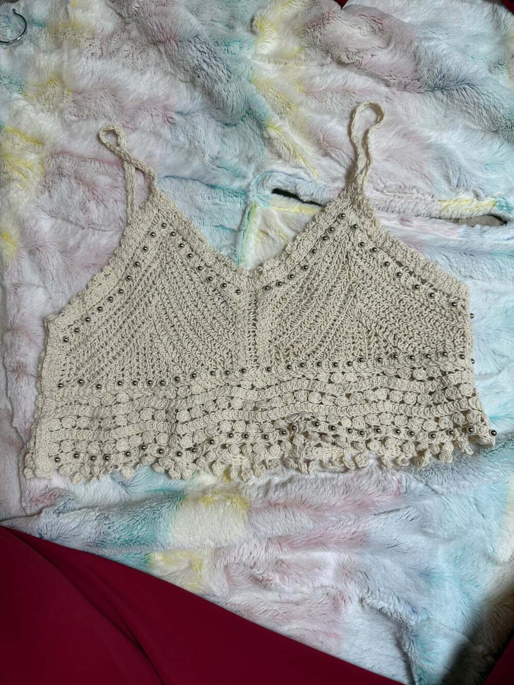 Rebellion Again Tan Crochet Embellished Cropped Bralette Tank Top